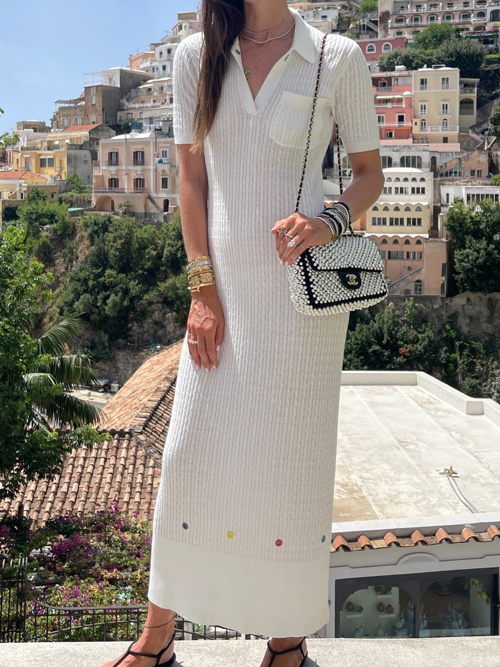 STAUD White Rib Knit Polo Maxi Dress